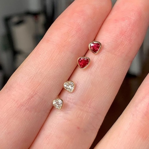 14k Gold Red Sapphire Heart Earrings - Picture 4 of 5